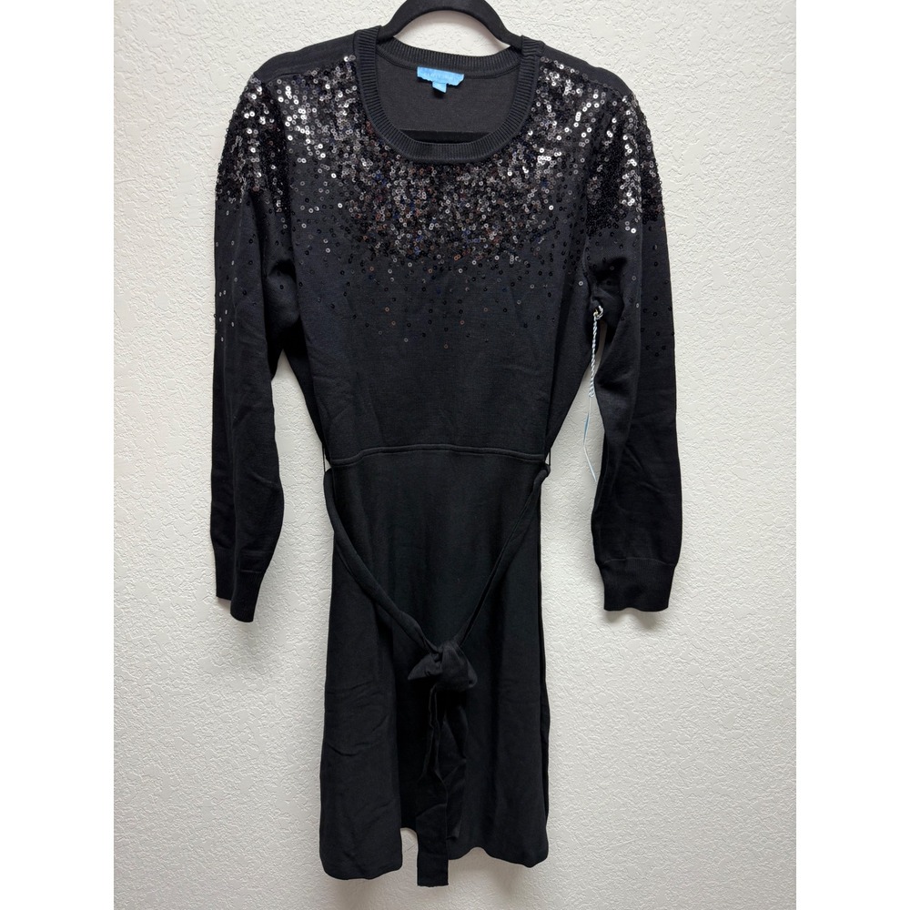 Draper James Black Sequin Tie Waist Long Sleeve Knit Sweater‎ Dress XL